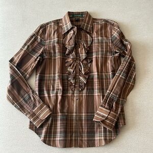 Lauren Ralph Lauren brown plaid ruffle blouse
